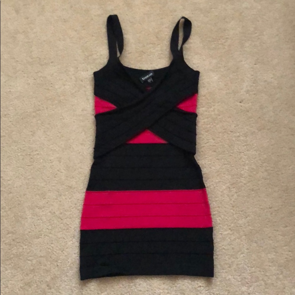 Black and magenta BeBe bandage dress